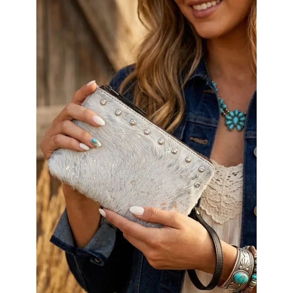 Patricia Nash Cassini White/Aqua Metallic Cow Hair Medium Clutch With Crystals
